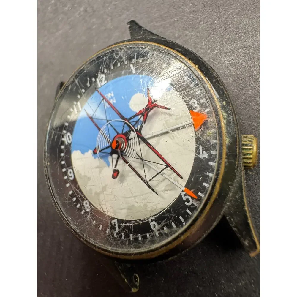 Vintage Bon Ton Plane 34mm Quartz Men's Watch Spinning Propeller Seconds Hand